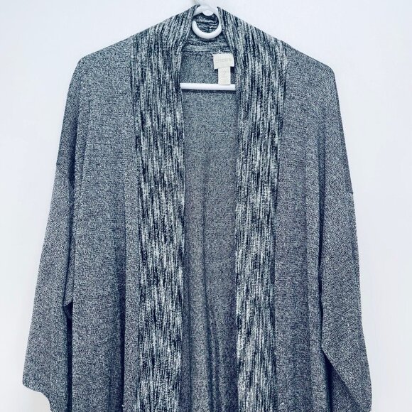 Chicos Sweater Cardigan Sz 2 Black Gray Knit Midi Kimono Open Front Casual - Picture 6 of 9